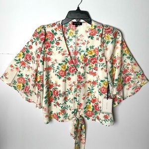 Women's Trendy Plus Floral Print Tie Front Top Brown